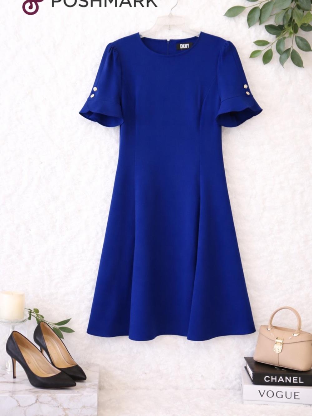 DKNY Cobalt Blue Short Sleeve Midi Dress with Pearl Sleeve Buttons